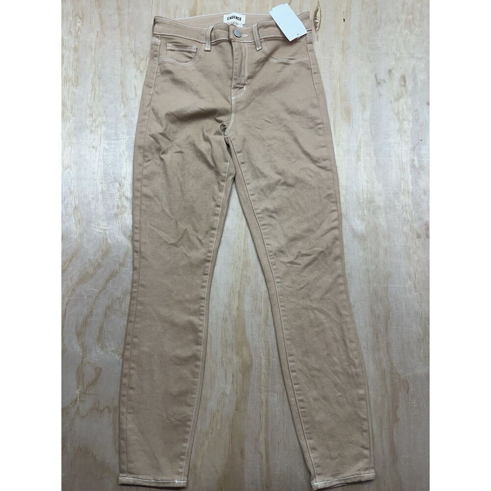 L'AGENCE High Rise Skinny Split‎ Hem Pant Tan SIZE 25 Coated Designer $295 NEW